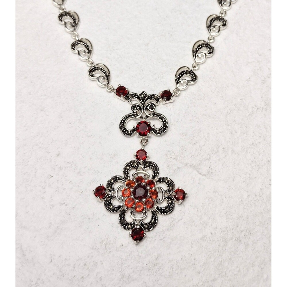 Ornate Garnet CZ Marcasite Silver Filigree Pendant Necklace Signed - Picture 6 of 12